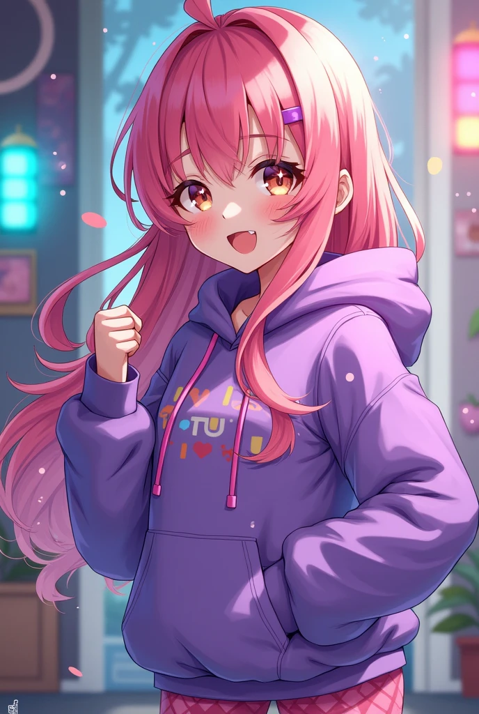 Stunning anime character Emiru, vibrant pink hair cascading in soft waves, expressive amber eyes sparkling with mischief, wearing a stylish oversized purple hoodie adorned with playful gaming motifs, body language exuding confidence and charm, energetic pose enhancing the playful atmosphere, dynamic composition with swirling motion lines emphasizing excitement, background inspired by a whimsical gaming setup, colorful LED lights casting a lively glow, quirky gaming memorabilia scattered throughout, ethereal pastel color palette blending shades of lavender, turquoise, and soft pinks, charming yet cheeky expression inviting interaction, harmonious fusion of Twitch culture and anime aesthetics, intricate details showcasing the design of her outfit, soft gradients creating depth in hair and fabric textures, overall ambiance filled with joy and creativity, executed in a high-quality digital anime style, meticulously crafted with crisp lines and vibrant colors, capturing both character and culture in a heartwarming tribute.