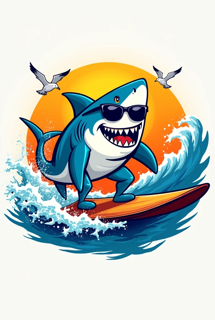 Generate a logo for a seafood restaurant with a shark with a surfboard
