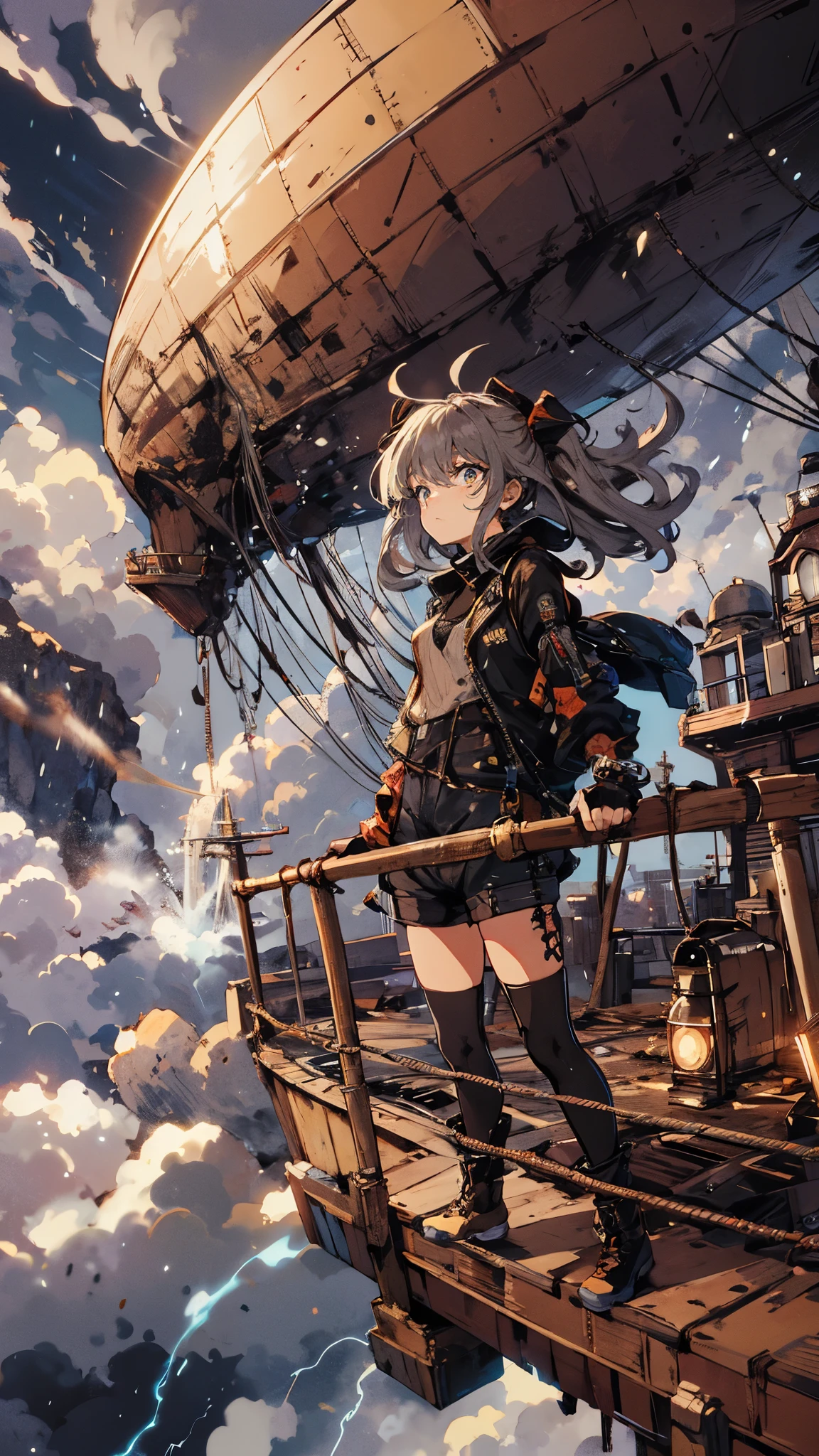 A punk-style girl standing on the deck of a rusty, futuristic airship, high above the clouds. The sky is filled with swirling storm clouds, with flashes of lightning in the distance. The airship is a patchwork of metal and cables, and she grips the railing, her eyes scanning the horizon with fierce determination.
Modifiers: airship, stormy sky, high above the clouds, rusty, detailed, steampunk, dramatic lighting, sharp focus, (high quality), (masterpiece), (detailed), 8K, Anime style character with (cool and edgy tattoos1.3), dressed in (fashionable clothing1.2), posing confidently. Expression fierce, stylish accessory coiled around arm. Thicker outlines emphasize striking, modern fashion, vibrant palette enhances scene.