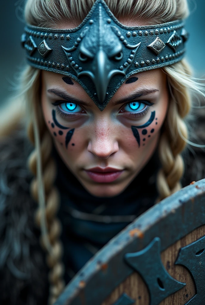 Close up face beautiful viking woman, wooden shield in hand , strong blue light in the eyes, eagle crown , tribal design on the eyes, Angry, bone ornaments on the neck, battle armor, focused, braids in hair