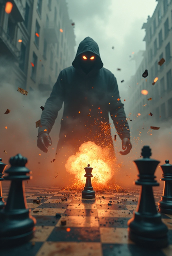 Make a chessboard by flying pieces everywhere, highlighting a bomb exploding in the center of the board. place your face as if it were a shadow behind the smoke. put a bomb in his hands. Take this guy's face and put it as if it were a pixelated face
