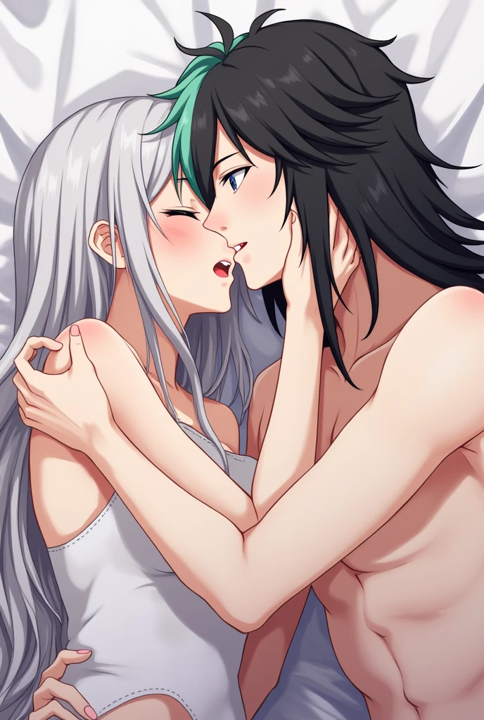 generate image of Muichiro, Demon Slayer anime character, man, long black hair with mint tips, blushing, His expression shows pleasure and lust, He is lying with his face buried in the breasts of a very beautiful girl., blue eyes, blushing, long white hair..The girl has slightly large breasts, wearing a white tank top and with one of her hands on Muichiro&#39;s head