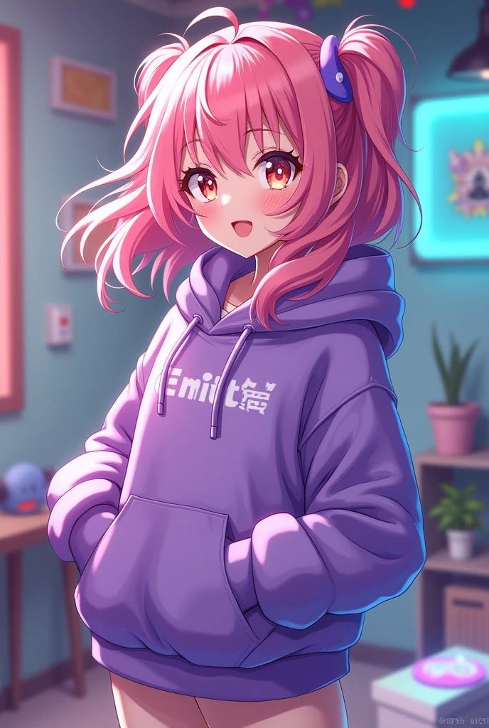 Stunning anime character Emiru, vibrant pink hair cascading in soft waves, expressive amber eyes sparkling with mischief, wearing a stylish oversized purple hoodie adorned with playful gaming motifs, body language exuding confidence and charm, energetic pose enhancing the playful atmosphere, dynamic composition with swirling motion lines emphasizing excitement, background inspired by a whimsical gaming setup, colorful LED lights casting a lively glow, quirky gaming memorabilia scattered throughout, ethereal pastel color palette blending shades of lavender, turquoise, and soft pinks, charming yet cheeky expression inviting interaction, harmonious fusion of Twitch culture and anime aesthetics, intricate details showcasing the design of her outfit, soft gradients creating depth in hair and fabric textures, overall ambiance filled with joy and creativity, executed in a high-quality digital anime style, meticulously crafted with crisp lines and vibrant colors, capturing both character and culture in a heartwarming tribute.
