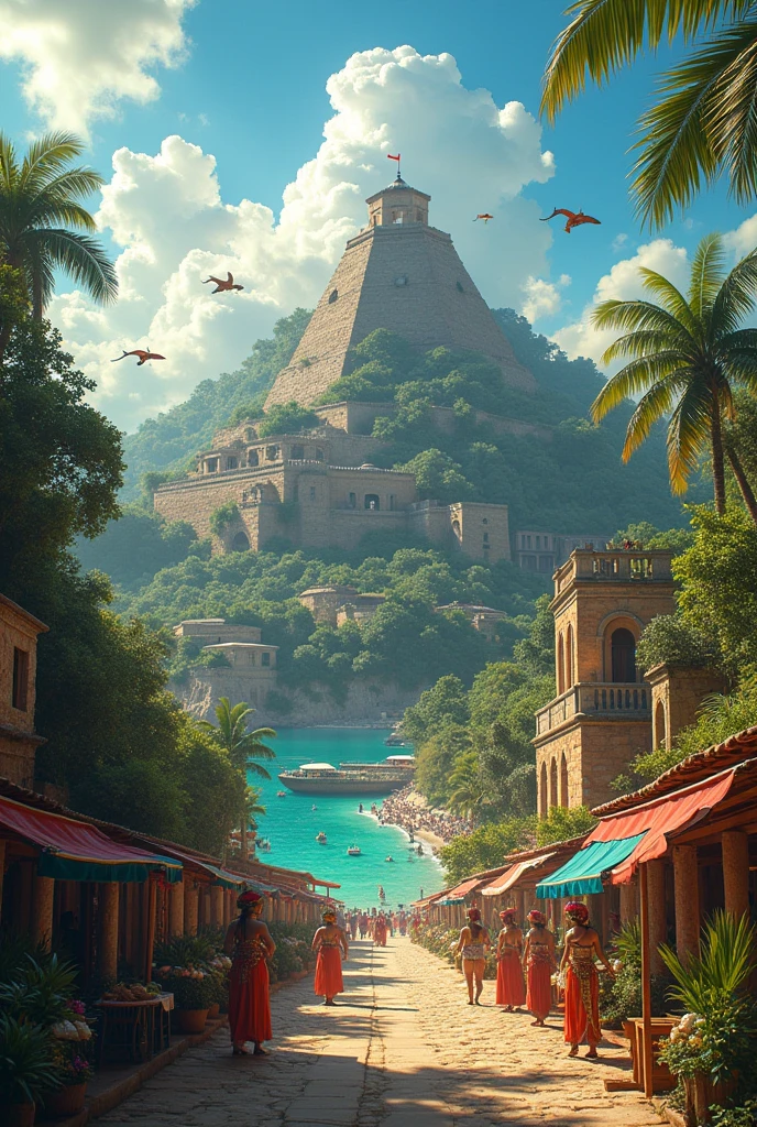 An image of Veracruz, Mexico where you include the following: Saint John of Ulua, The Tajin, The Papantla Flyers and the Gastronomy of Veracruz