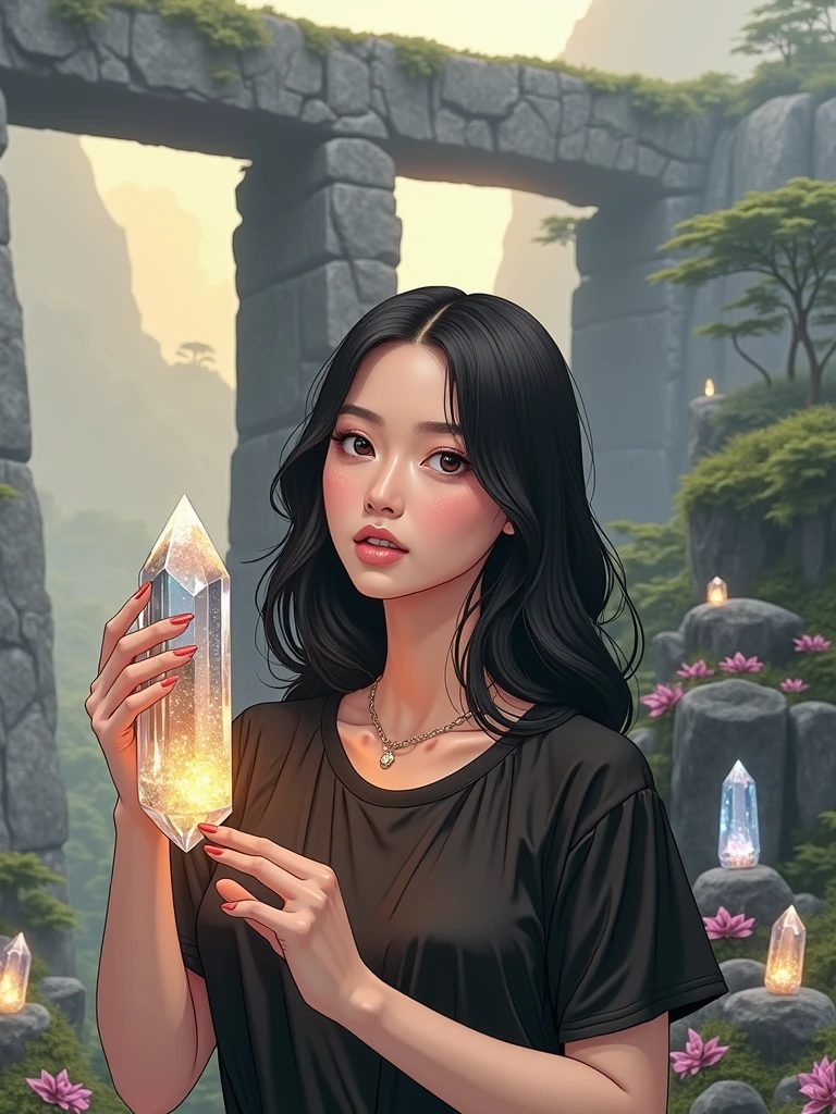 Girl Holding A Beautiful Quartz Crystal In Her Hand, with straight black hair and black eyes, in commercial logo written Silveira Crystals, in a very beautiful landscape with nature and crystals present