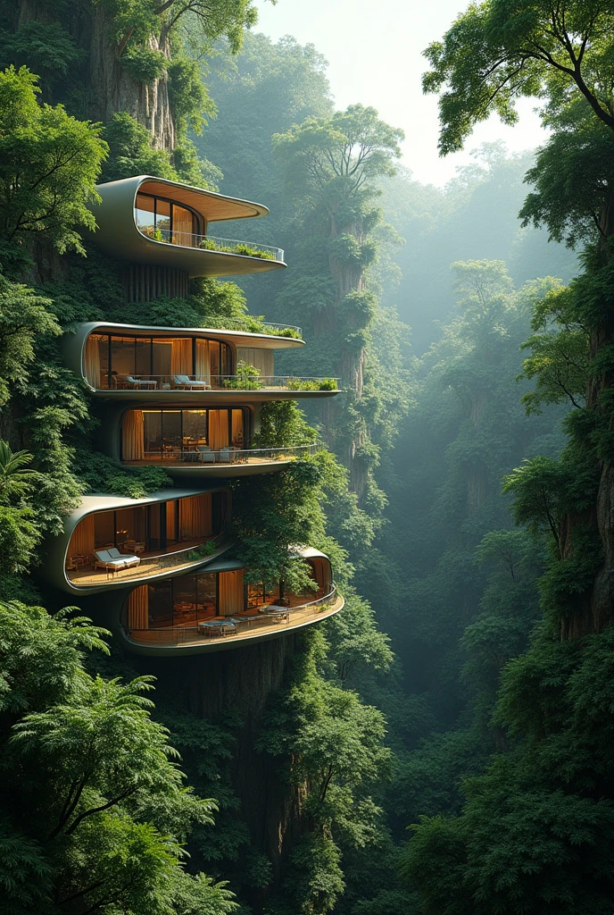 Large hotels in the Amazon rainforest with elevated and sustainable construction but at the same time modern and futuristic