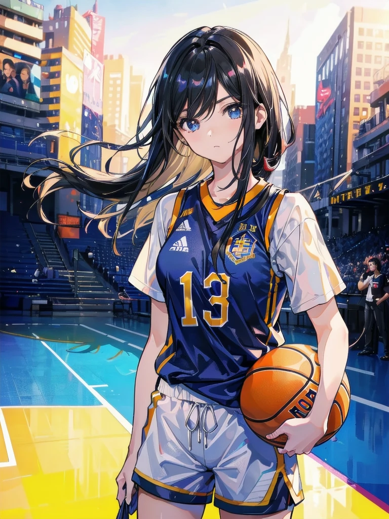 (highest quality:1.2, Very detailed, up to date, Vibrant, Ultra-high resolution, High Contrast, masterpiece:1.2, highest quality, Best aesthetics), (((1 girl))), Beautiful woman, Photon Mapping, Radio City, Physically Based Rendering, Cinema Lighting, Basketball court,Depth of written boundary, Sharp focus,Sunbeam, Good composition, (Bokeh:1.2), Fine grain, Random Pause, Tight waist, Basketball Uniforms, Shorts, Black Hair, Shiny straight hair, Long hair blowing in the wind,