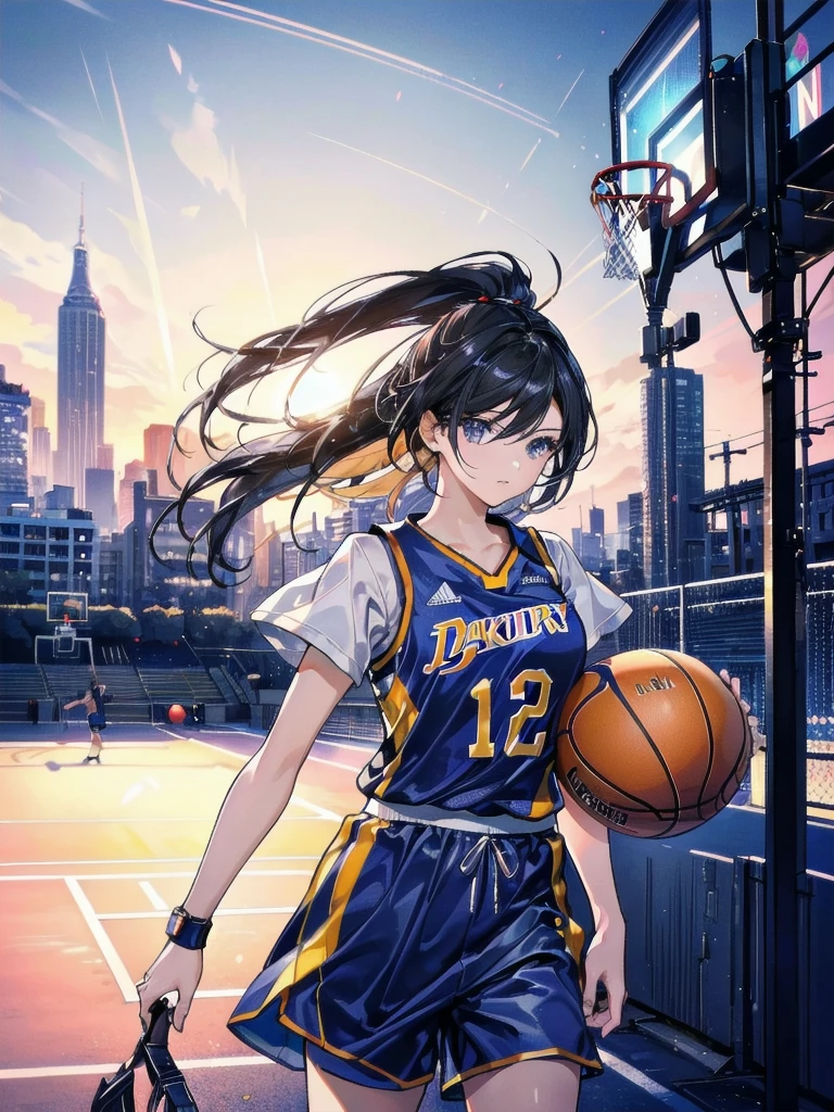 (highest quality:1.2, Very detailed, up to date, Vibrant, Ultra-high resolution, High Contrast, masterpiece:1.2, highest quality, Best aesthetics), (((1 girl))), Beautiful woman, Photon Mapping, Radio City, Physically Based Rendering, Cinema Lighting, Basketball court,Depth of written boundary, Sharp focus,Sunbeam, Good composition, (Bokeh:1.2), Fine grain, Random Pause, Tight waist, Basketball Uniforms, Shorts, Black Hair, Shiny straight hair, Long hair blowing in the wind,