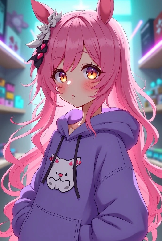 Stunning anime character Emiru, vibrant pink hair cascading in soft waves, expressive amber eyes sparkling with mischief, wearing a stylish oversized purple hoodie adorned with playful gaming motifs, body language exuding confidence and charm, energetic pose enhancing the playful atmosphere, dynamic composition with swirling motion lines emphasizing excitement, background inspired by a whimsical gaming setup, colorful LED lights casting a lively glow, quirky gaming memorabilia scattered throughout, ethereal pastel color palette blending shades of lavender, turquoise, and soft pinks, charming yet cheeky expression inviting interaction, harmonious fusion of Twitch culture and anime aesthetics, intricate details showcasing the design of her outfit, soft gradients creating depth in hair and fabric textures, overall ambiance filled with joy and creativity, executed in a high-quality digital anime style, meticulously crafted with crisp lines and vibrant colors, capturing both character and culture in a heartwarming tribute.