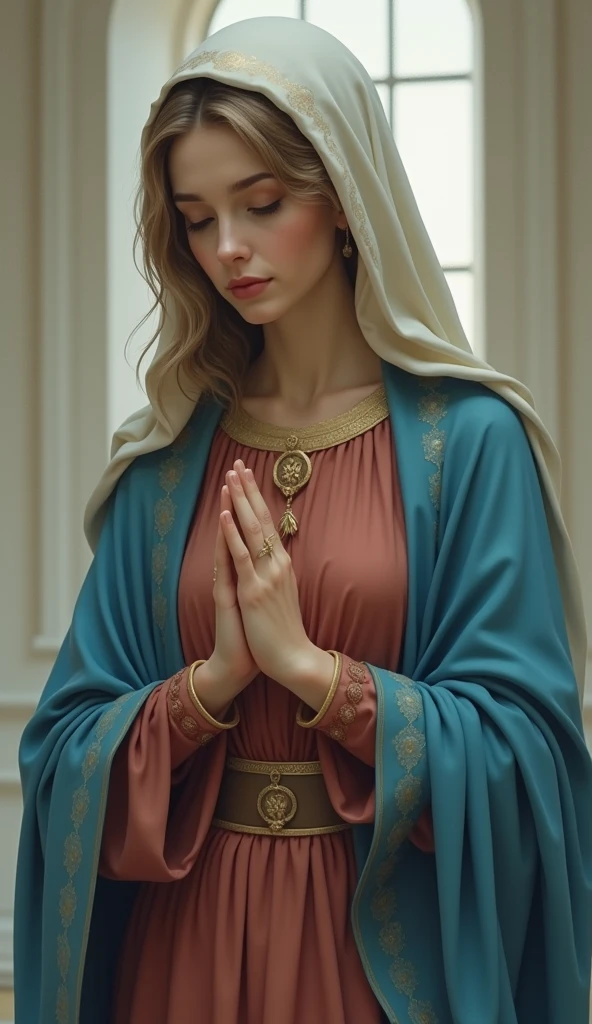a very beautiful Virgin Mary , Reddish beige tunic with blue cloak and veil, Modern costumes