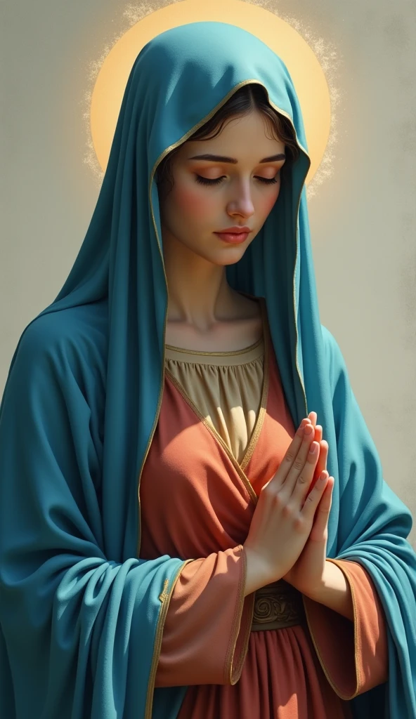 a very beautiful Virgin Mary , Reddish beige tunic with blue cloak and veil, Modern costumes 