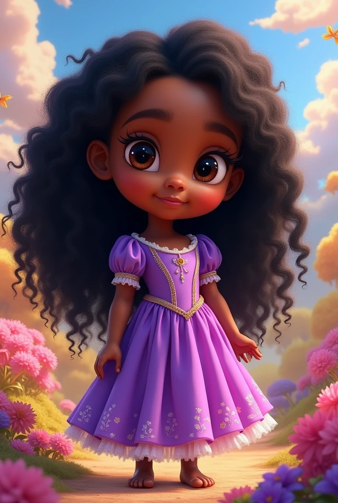 African baby Rapunzel with long black curly hair, with the purple dress Disney pixar cartoon