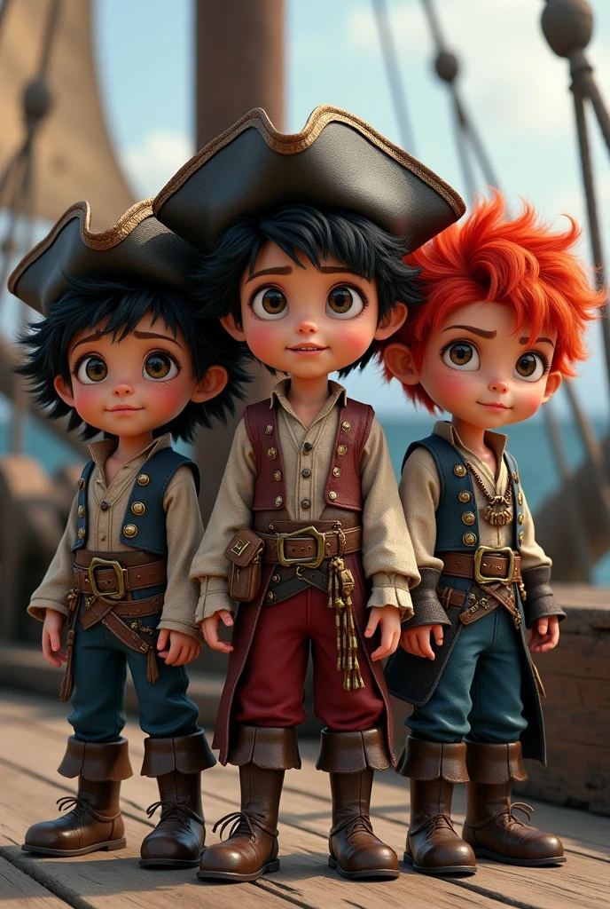 Three child pirates, one with black hair and two with red hair