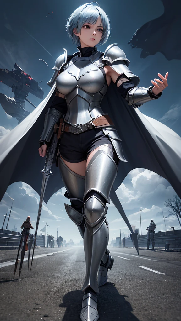 ((Highest quality))、((8k))、((Warrior))、((woman))、Slit eyes、((Adult woman))、whole body、(armor)、((whole bodyarmor))、Parakeet Head、Short Hair、((battlefield))、cape、((Real))、Big Breasts、pants