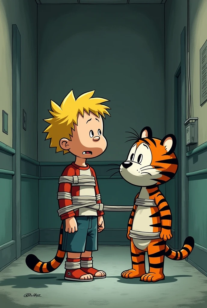 Calvin wearing a straitjacket in a mental institution with Hobbes next to him