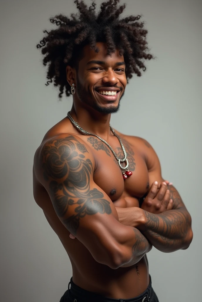 enjoyment of creating a man, light skinned black man with nose piercing and earring, that is high, not very strong, curly hair is have posture and confidence and have a big arm but not too big, arm tattoo and a six pack