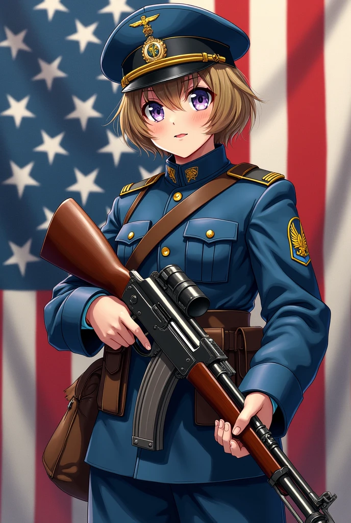 person , anime , soldier in blue American WWII uniform , flag of farfania , Mosin Nagatan Rifle En Mano