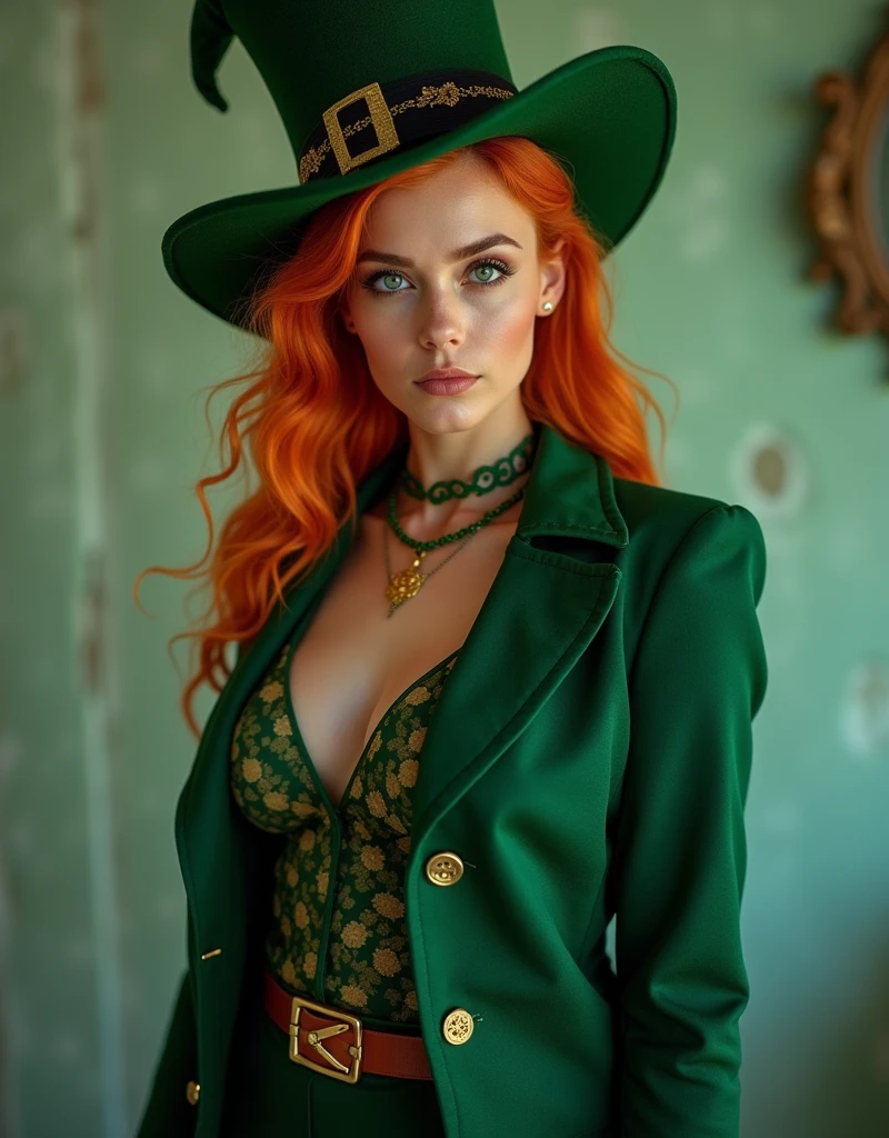 Irish female leprechaun, middle aged, curvy, attractive body shape, sharp focus, bright color, trending on artstation, high details, simple lines, art by argem, hyper realistic detailed, Ultra realist, 8k, Fashion Photography, Cinematic Lighting, Leica M10-P Safari Edition, Nikkor 60mm, Micro AF-S f/2.8, full body shot, Soft Light Pastels, by TJ Drysdale