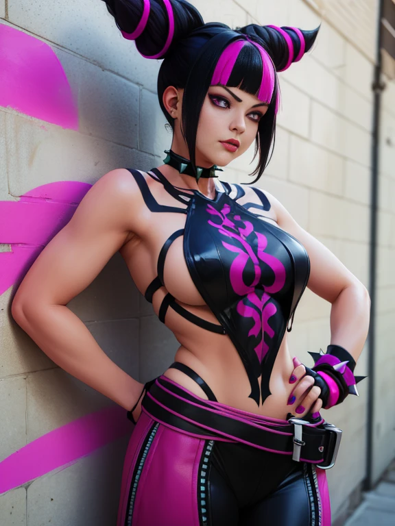 { - anatomy error} (Masterpiece - Ultra-detailed, very high resolution)JJuri , black hair,two-tone hair, hair horns, purple right eye, purple left eye, detailed eyes, bangs, multicolored hair,streaked hair, makeup, lipstick fingerless gloves,multiple belts, collar, spiked bracelet, aqua nails, chaps, baggy pants,toeless legwear, standing, upper body, evil smile, night club, (insanely detailed, beautiful detailed face,beautiful detailed eyes, masterpiece, best quality) , solo,,Masterpiece, Best Quality, (graffiti:1.aint splatter, (Hands Behind Your Back), Against a wall, looking a viewer, A bracelet, thigh strap, Paint on the body, tilt of head, bored, fiery hair color, magenta eyes, juri han ,rosto yandere,brava