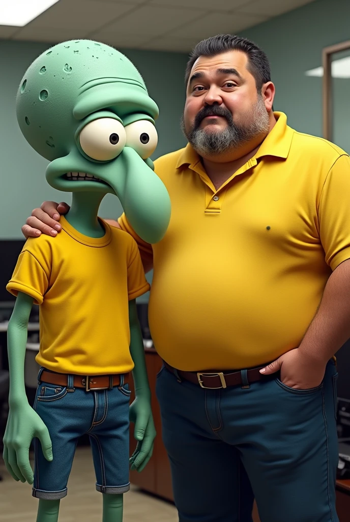 You can draw Squidward with a yellow sports shirt and jeans, next to Capulina(Gaspar Henaine Mexican comedian) (a fat man with a mustache and no beard), in a office, realistically