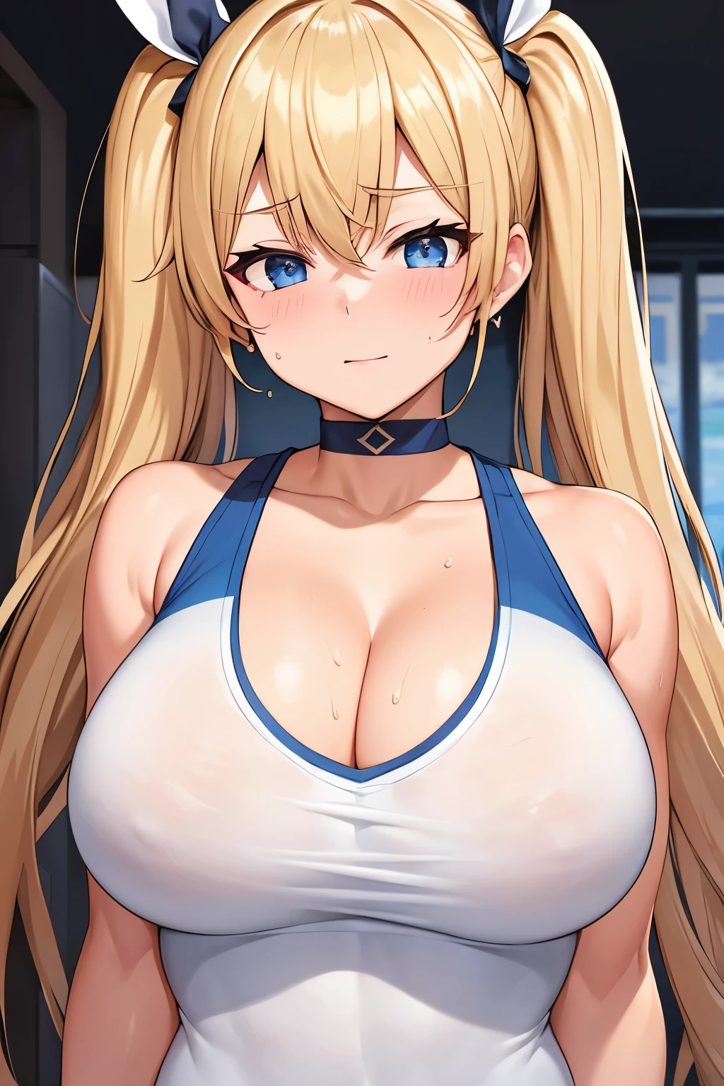 Masterpiece, Best quality, Beautiful girl, Beautiful face, Twin tails, Training, Muscles, Sweat, Big breasts, Cleavage, Sexy,
