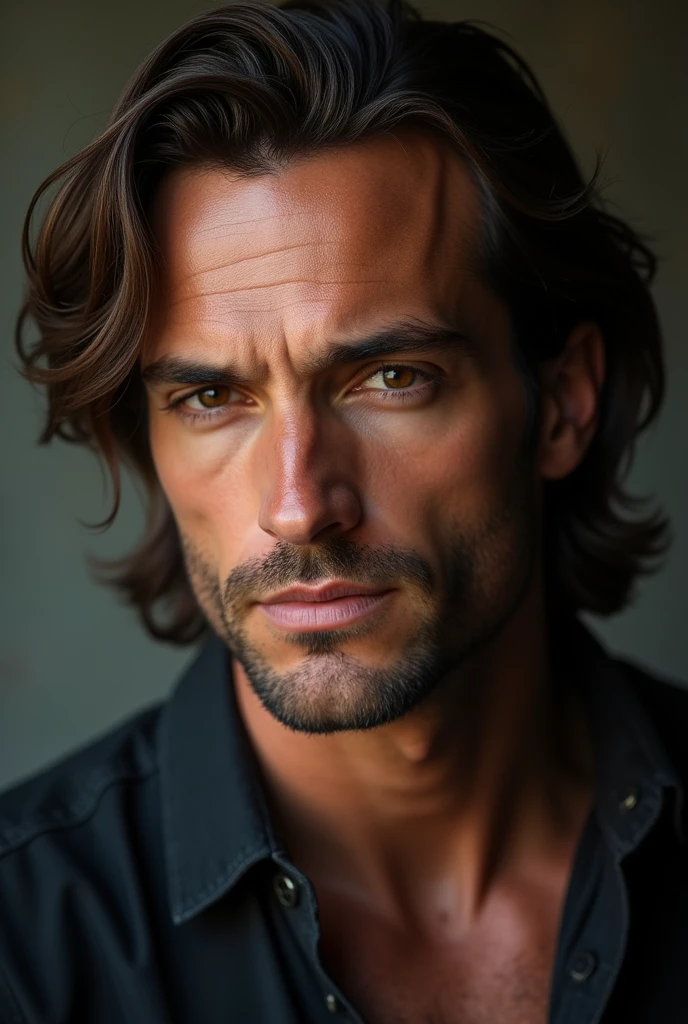 A handsome man with brown eyes and long brown hair