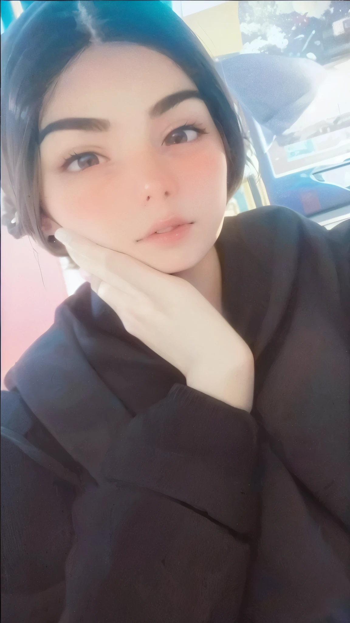 Anime girl, brown hair, brown eyes, she hand is under her jaw , Stretched fingers, hand accuracy, finger accuracy, hand details, finger details,