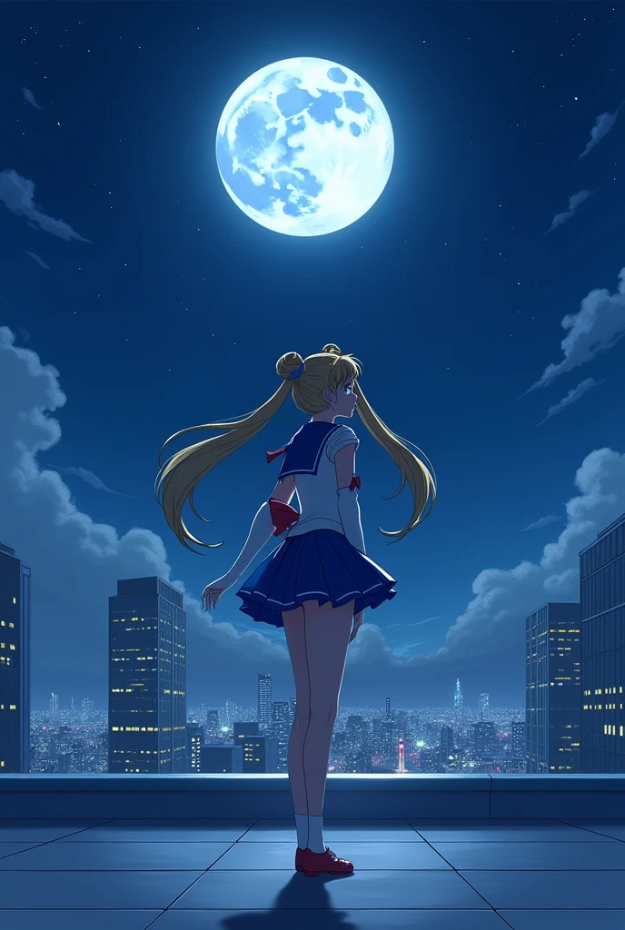 Sailor moon looking the moon on top building