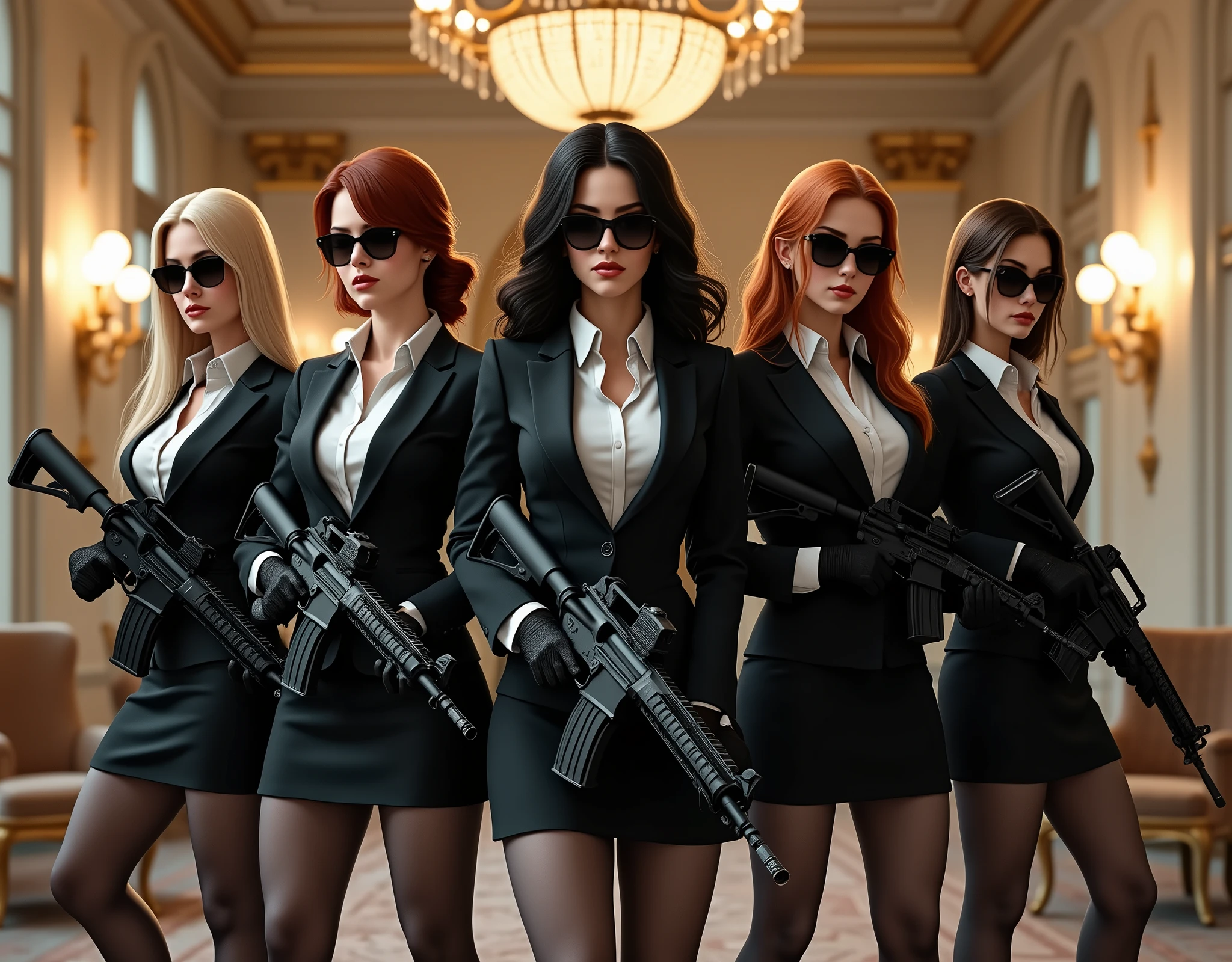 Make an image for a group of female secret service with a variety of hair colors and hairstyles dressed in black formal miniskirt suits, white collared shirts, full grey pantyhose, black dress shoes, earpiece radios, and dark sunglasses inside a mansion ballroom, holding m4 rifles