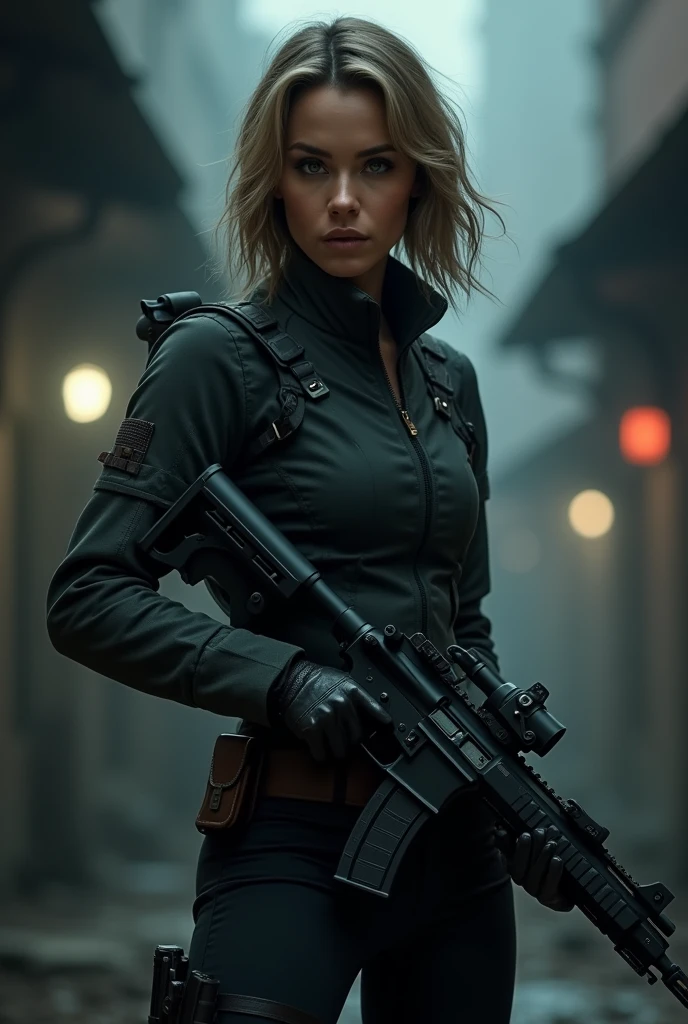 Woman in jacket holding gun
