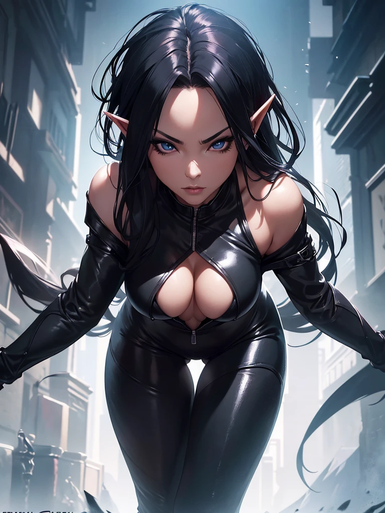 long dark hair / big tits / brown eyes / solo, super fine photo, portrait Unreal Engine 5 8K UHD of malicious gothic beautiful girl, sexy, elf, crouching in a skin tight black latex outfit, sensual pose, slick black catsuit, black iconic character, smooth black skin, black body, PVC, some black, glossy latex suit, rubber suit, collar, rubber glove, rubber high boots, arm and leg cuffs, straps, best quality, masterpiece, official art, unified 8k wallpaper, super detailed, sharp focus, dynamic pose, body parts, no extra limbs, precisely anatomy