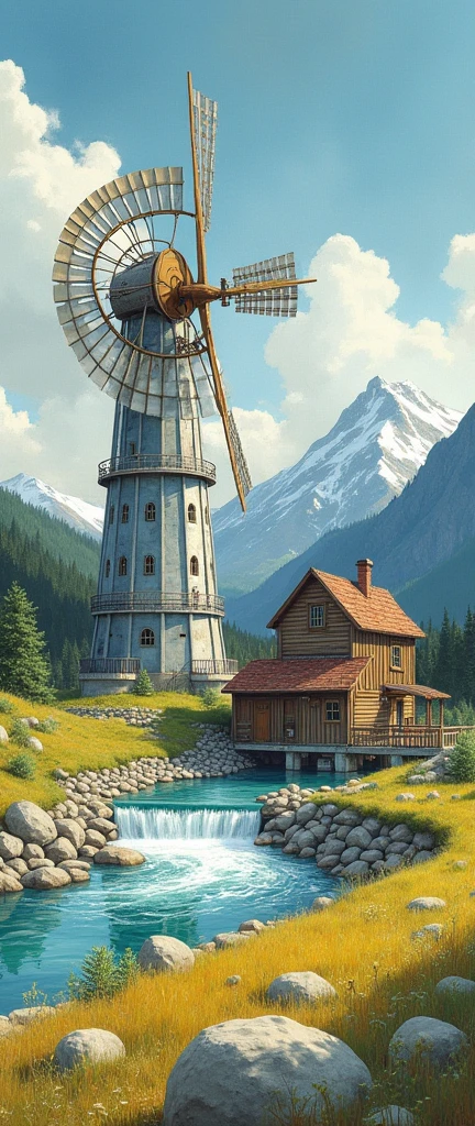 fusion of watercolors and oil paints, Best Quality, super fine, 16k, Retro windmill tower, Silver Windmill, Mirrors, Lenses and glass for solar energy generation, Retro water mill, natural geothermal hot spring surrounded by riverside stones, vapor, Room lights, Natural power plant, darkness, Mountain with snow still remaining on its summit., river, Meadow, Grimm Brothers painting style, Andersen, Aesop