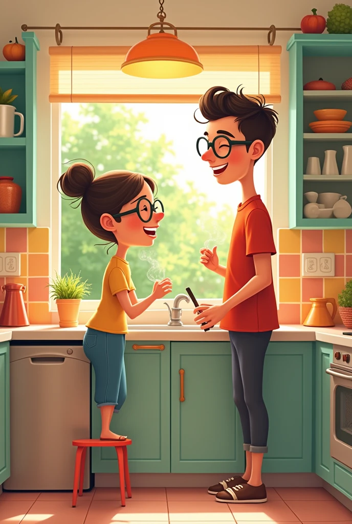 A cartoon image where a woman and a man who are dating are cooking, the short woman with glasses and the tall man with glasses
