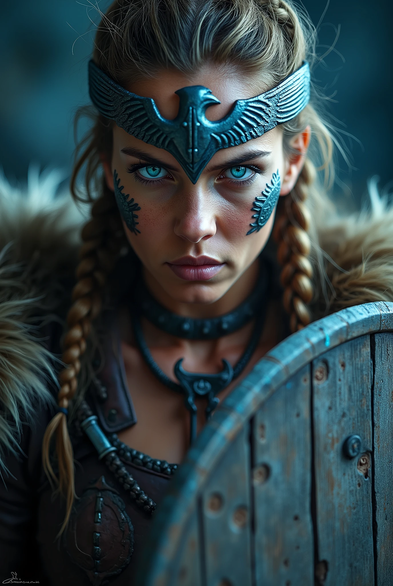 Close up face beautiful viking woman, wooden shield in hand , strong blue light in the eyes, eagle crown , tribal design on the eyes, Angry, bone ornaments on the neck, battle armor, focused, braids in hair