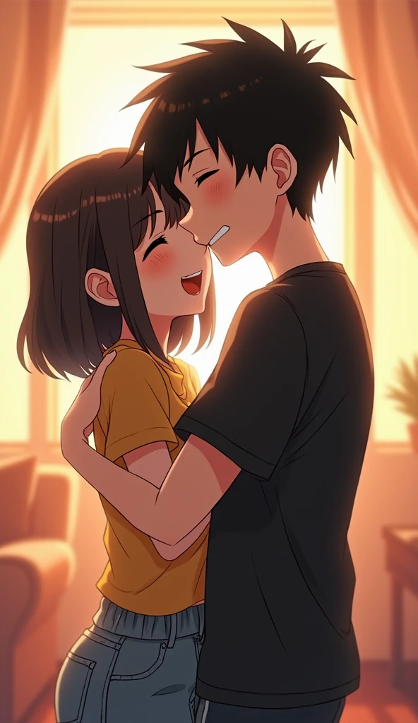 "A twenty one Year-old thin anime boy with short black hair playfully holds his sister from her back in a warm, cozy room. He's smiling in a mischievous, flirty yet cheerful way, while she laughs yet full of shyness, leaning slightly forward. Both are casually dressed, with the boy wearing a black t-shirt. The room is softly lit, with warm tones, creating a lighthearted and affectionate sibling moment."