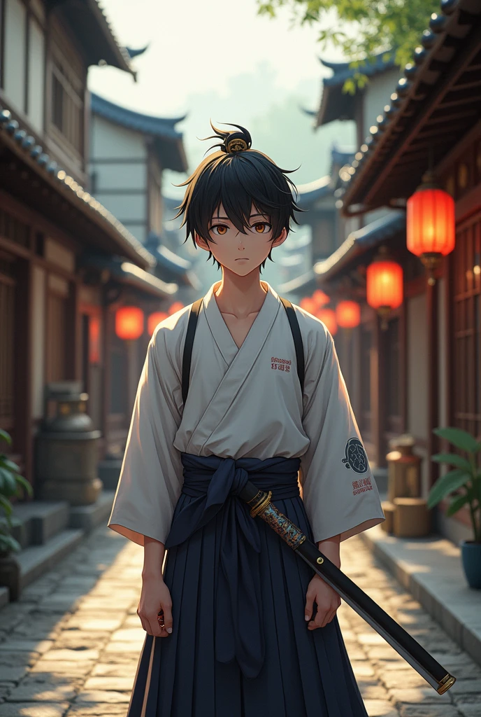 20 years old anime boy in a old samouraï japanese street