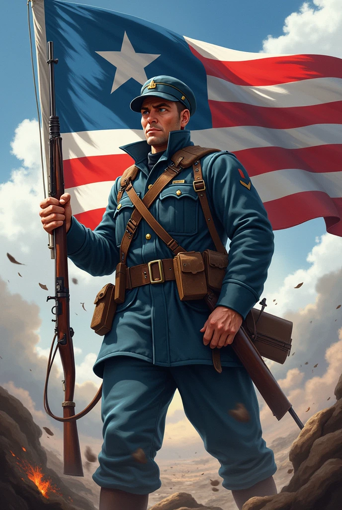 Person man , anime , soldier in blue American WWII uniform , flag of farfania , Mosin Nagatan Rifle En Mano
