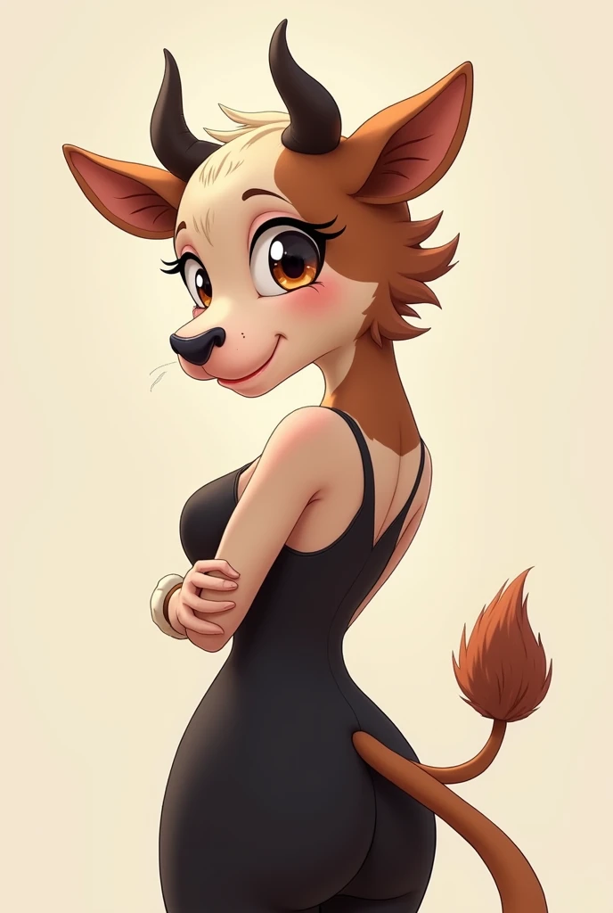 A totally furry cow, pose gentil, wearing a sexy black dress, anime style, closeup
