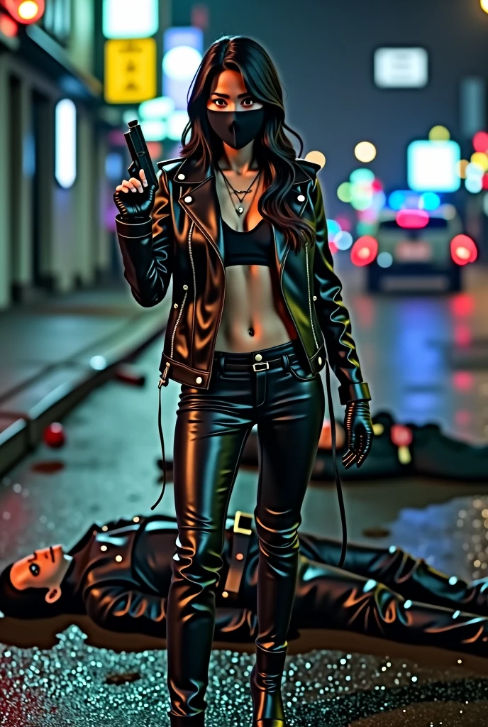 young asia girl, topless, skinny, black hair, full body, black leather jacket, black leather low rise pants, black leather belt, black leather overknee boots, black leather gloves, shoots with gun, face mask, street by night , two police officers dead on street, police car in background