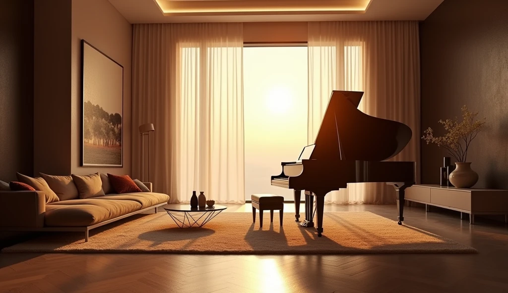 a grand piano backlit in a sleek living room, the light comes through the window in an epic way, beautiful and striking image