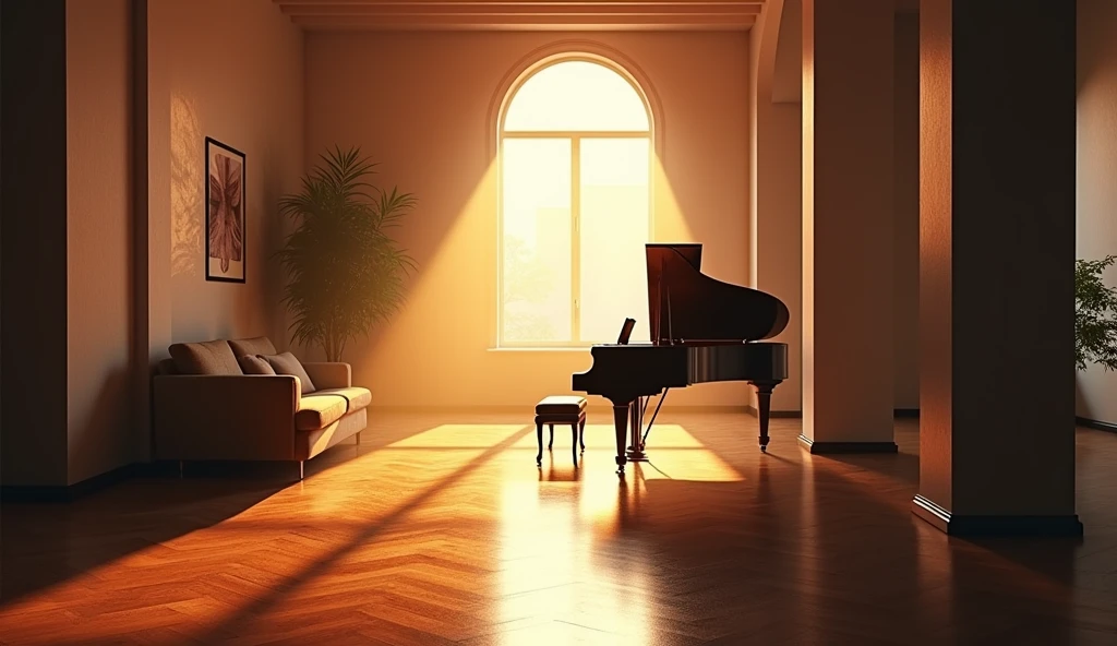 a grand piano backlit in a sleek living room, the light comes through the window in an epic way, beautiful and striking image