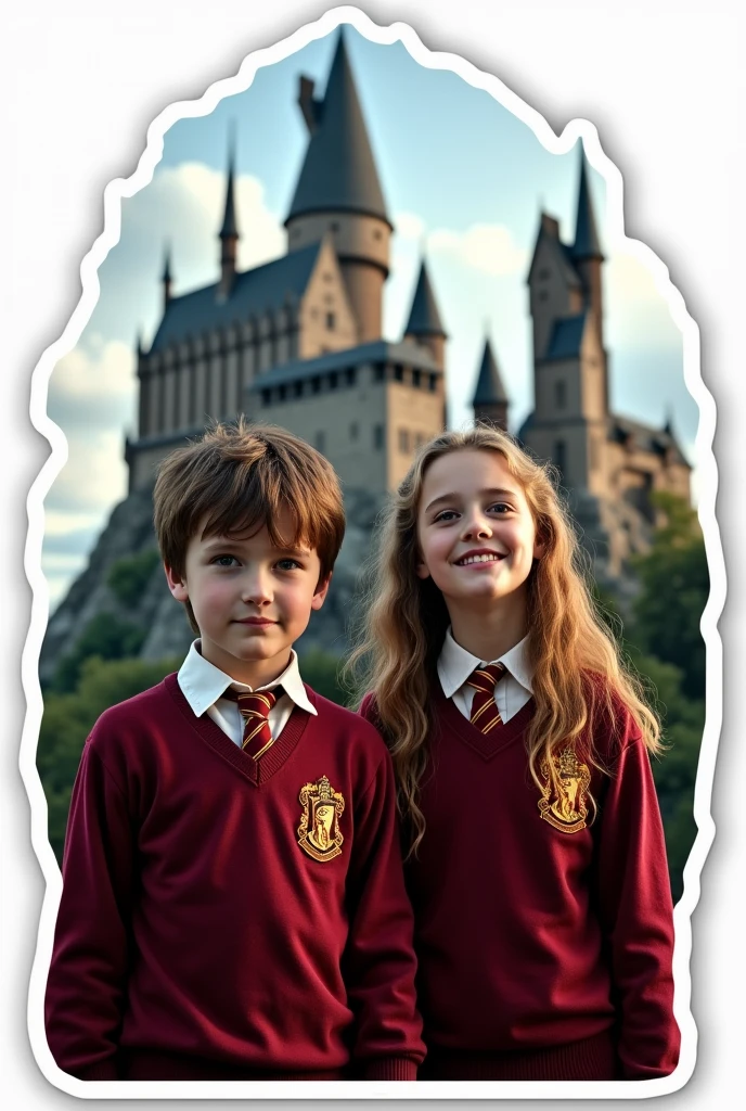 Create a sticker with white borders of a scene from the movie Harry Potter where 2 characters, young boy and older girl, both in Gryffindor uniforms, in the background the Hogwarts castle in high resolution with blurred background, movie image and hyper-realism.