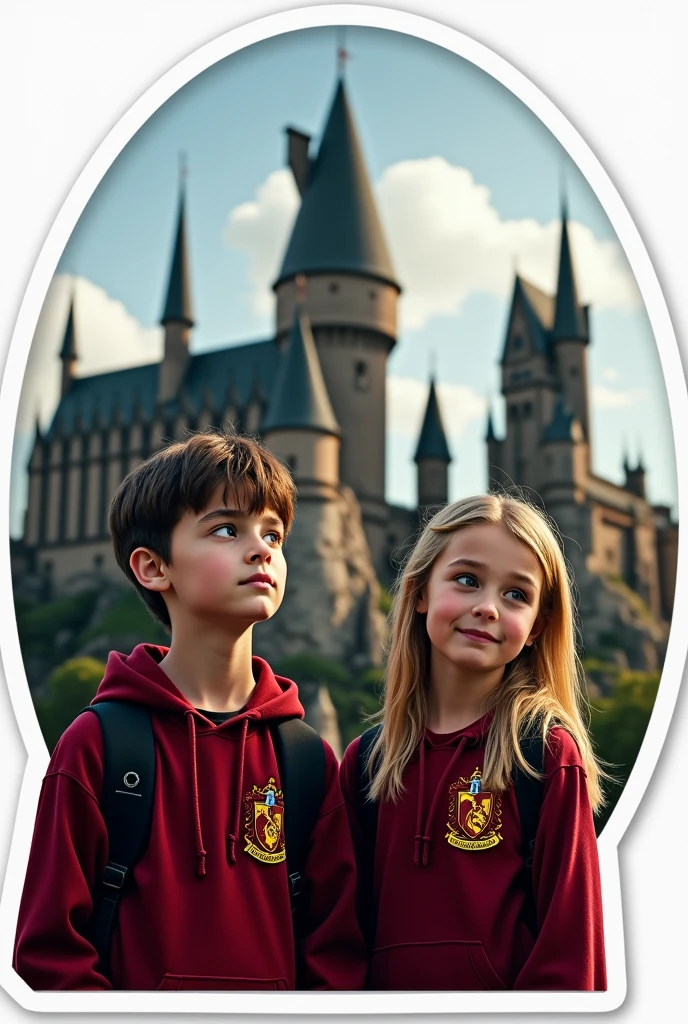 Create a sticker with white borders of a scene from the movie Harry Potter where 2 characters, young boy and older girl, both in Gryffindor uniforms, in the background the Hogwarts castle in high resolution with blurred background, movie image and hyper-realism.