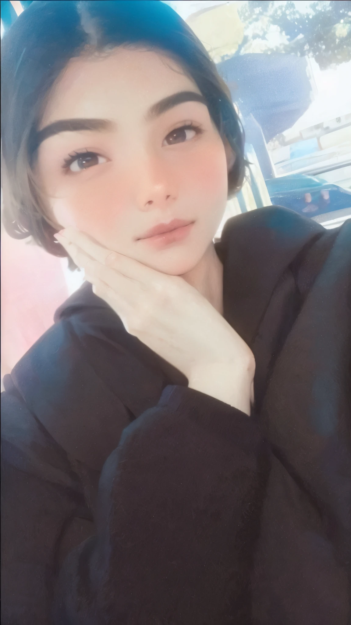 Anime girl, brown hair, brown eyes, she hand is under her jaw , Stretched fingers, hand accuracy, finger accuracy, hand details, finger details,