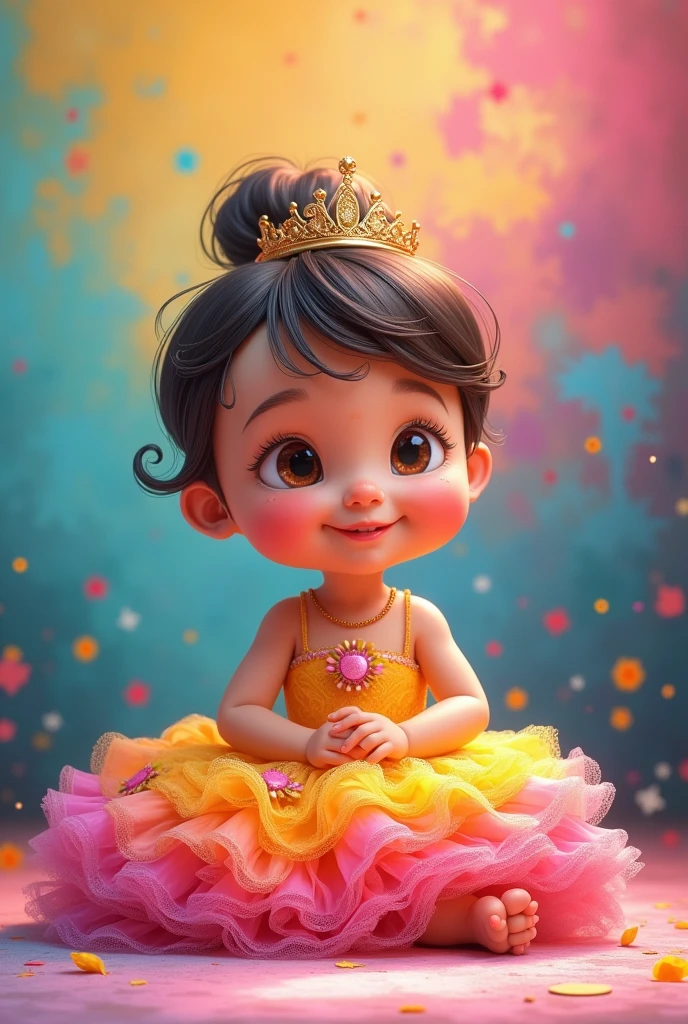 Drawing Cartoon happy very little baby girl wearing a Beautiful volume and fluffy dress and wearing a crown, You sit on the floor full bady Painted in beautiful colors with 3d drawing and make black outline