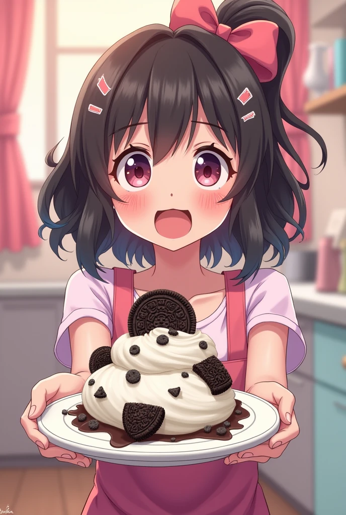 Person holding a plate with oreo cream on top in an anime container
