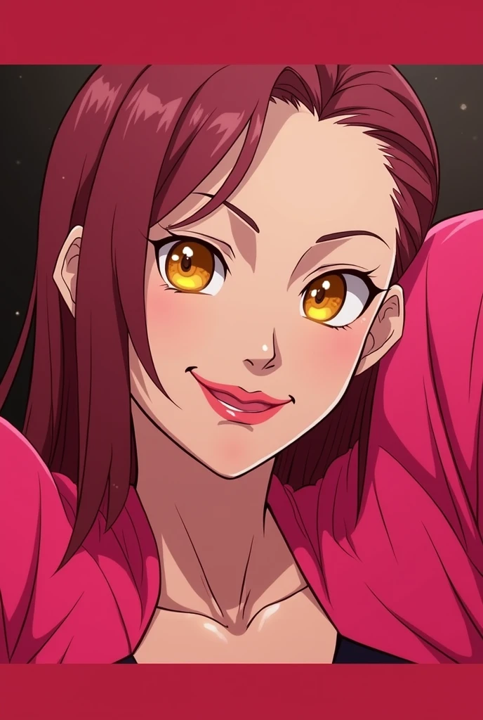 Anime female android, smirk, black long bob hair, powerfull and vile, sexy and convinced, yellow eyes, black bikini, body joints, huge cheeks