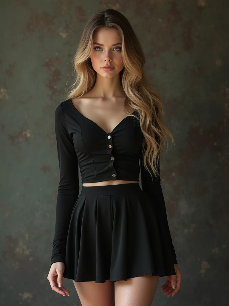 Hot Russian  white pale long hair blonde brown hair . Wearing fully black school uniform skirt . Belly visible thighs are hot and sexy perfect face