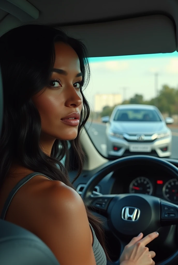 a woman with long black hair, caramel skin, Brunetette, with the car parked, hands on the steering wheel. in front of her there is a silver Honda City car with the blond man at the wheel. the point of view of the photo is from the back seat of her car. human photo