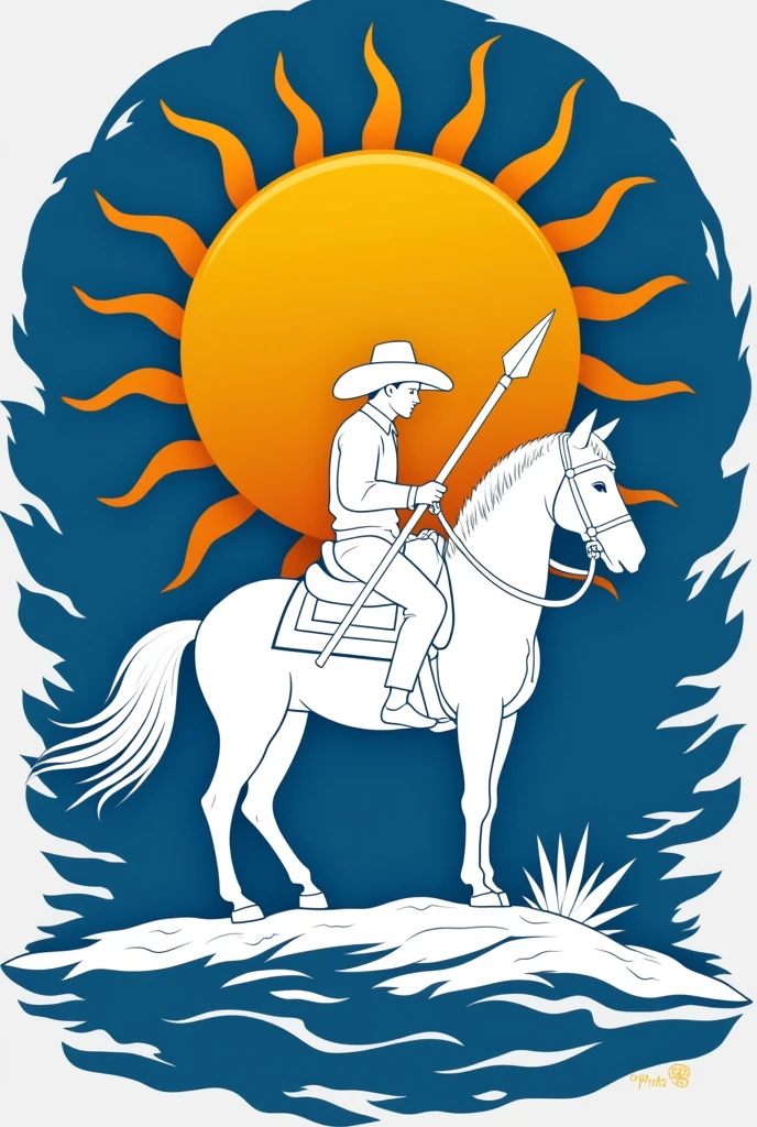 A logo, (Blue), golden sun in the center, a white gaucho riding a horse and wielding a spear below the sun,
